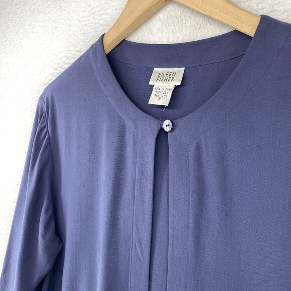 EILEEN FISHER Top S 90s Silk Twill Blouse One Button Long Sleeve Blue Vintage - Picture 4 of 14